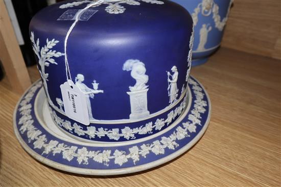 A Wedgwood 19th century blue and white Jasperware stilton dish and cover and two Jasperware jardinieres,